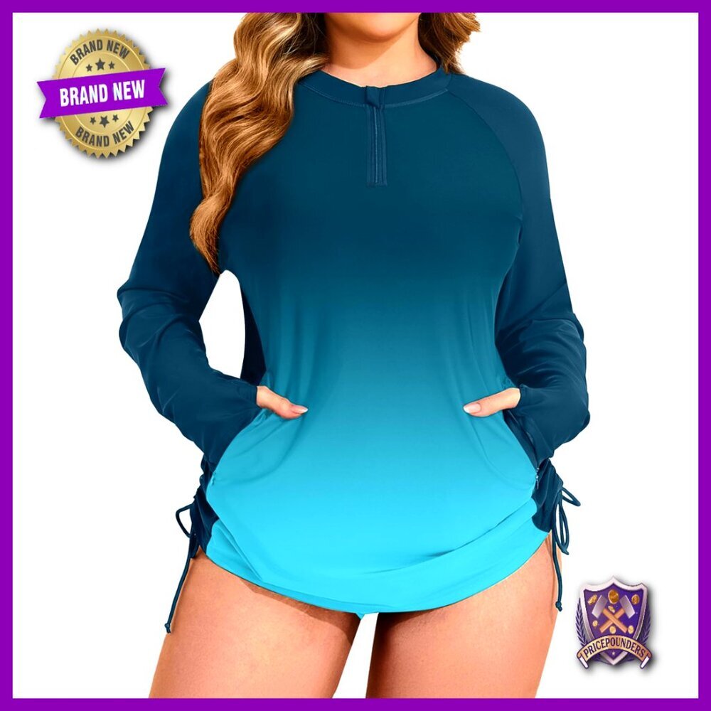 Plus Size Long Sleeve Rash Guard UPF 50+ Zip Pockets Quick Dry